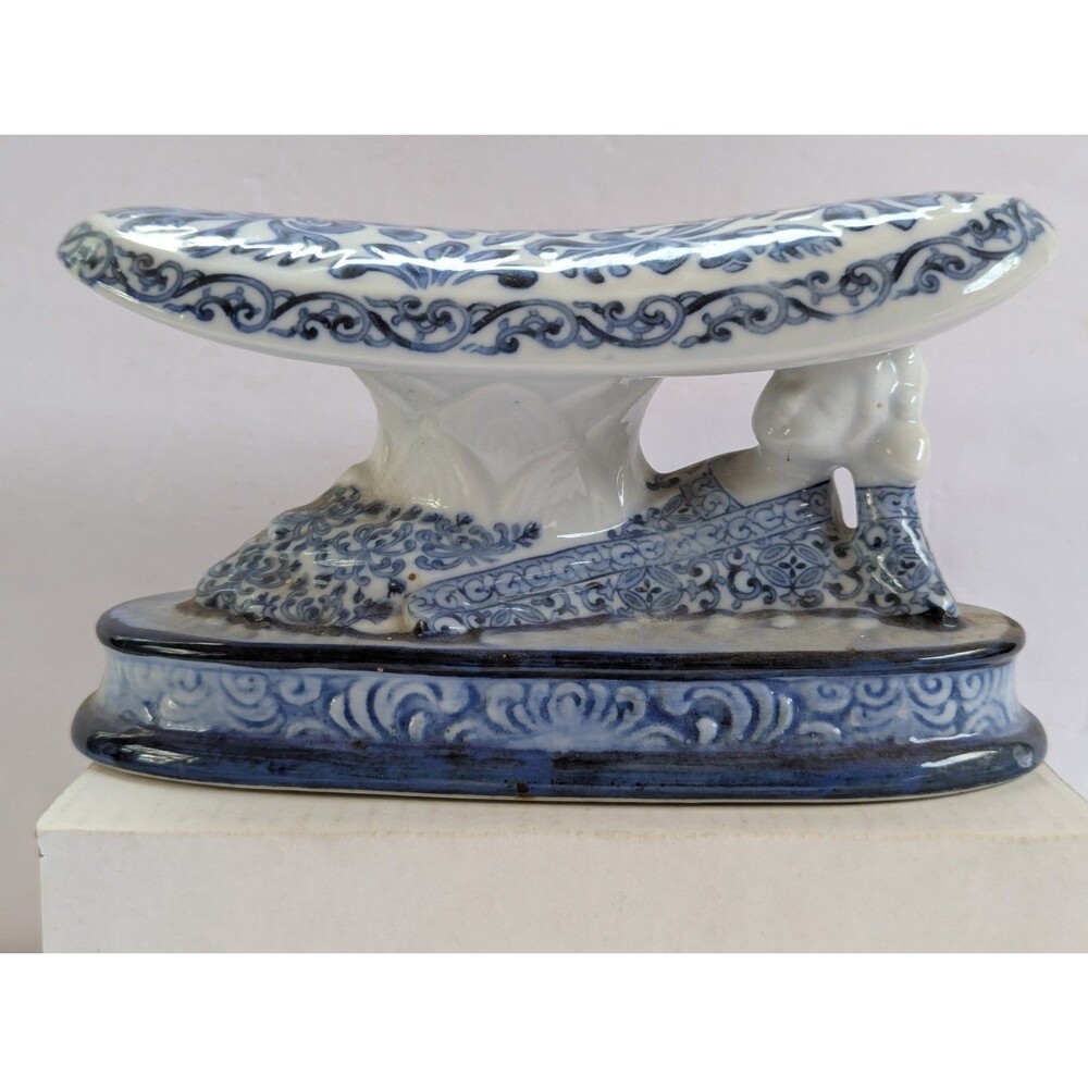 Chinese Opium Pillow Vintage Headrest Blue & White 9" wide Estate Find